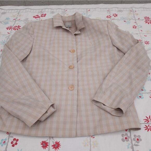Anne Klein 10 Cream Plaid Lined Lngslvs Cotton Blend 3 Buttons Women's Blazer - Picture 1 of 8